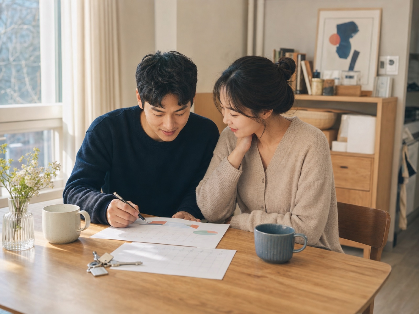 집에서 생활비와 일정을 함께 살펴보는 신혼부부